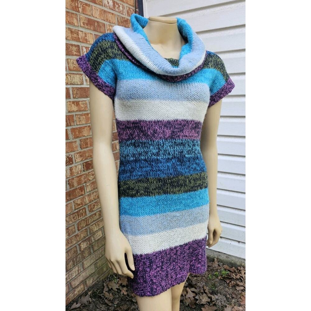 Vintage Space Dye Knit Cowl Neck Sweater Dress Cap Sleeve Midi Bodycon Boho S